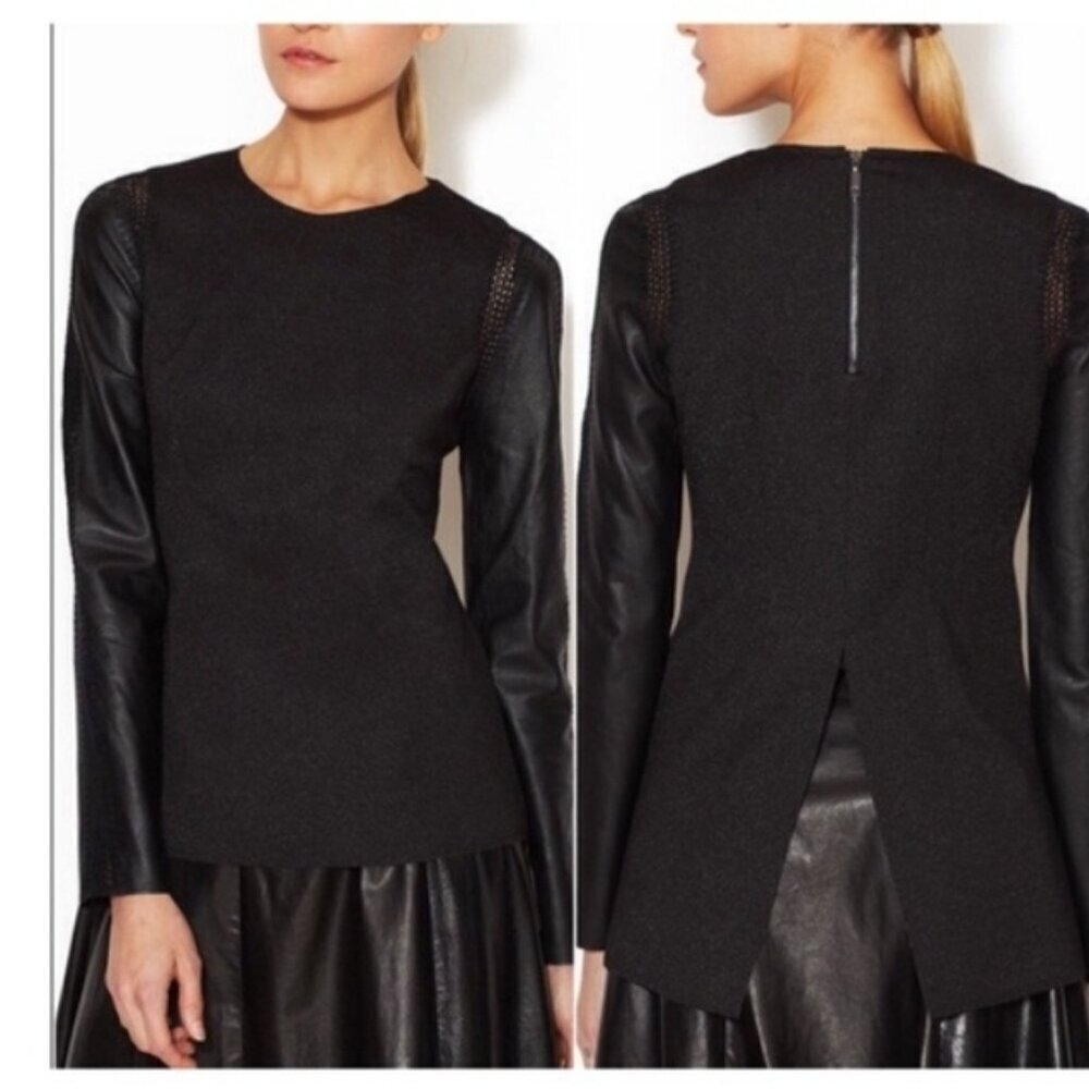 Stella & Jamie Rio Leather Crochet Sleeve Black Top Size Large